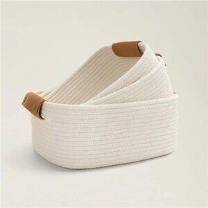 3 Pack Rectangle Cotton Rope Woven Basket with Handles for Books, Magazines